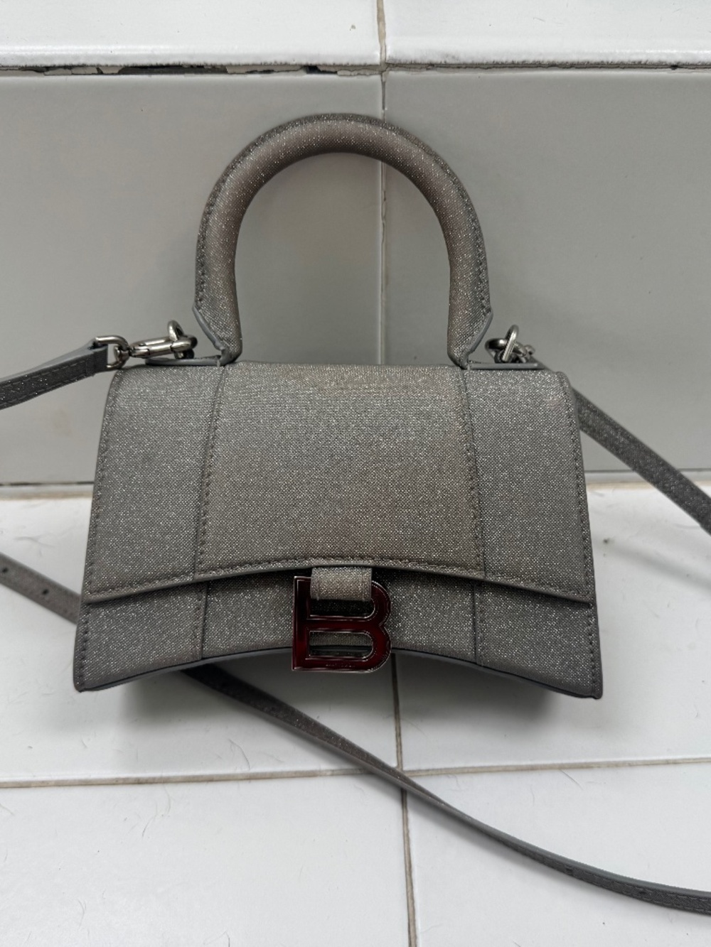 BALENCIAGA GRAY GLITTER SMALL HOURGLASS CROSSBODY TOO HANDLE HANDBAG